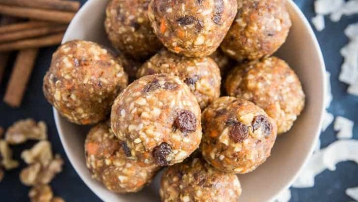 Carrot Cake Fat Balls - vegan and paleo snacks made with nuts, seeds, dates, and carrot cake ingredients for a healthy snack or treat