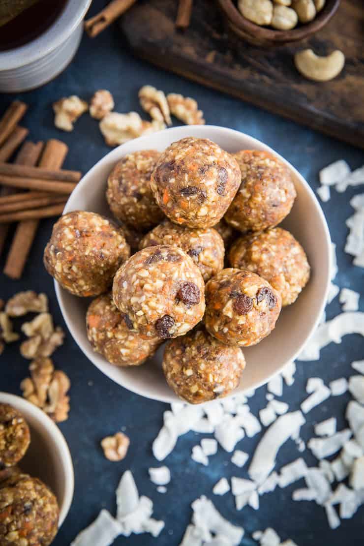 Carrot Cake Fat Balls - vegan and paleo snacks made with nuts, seeds, dates, and carrot cake ingredients for a healthy snack or treat