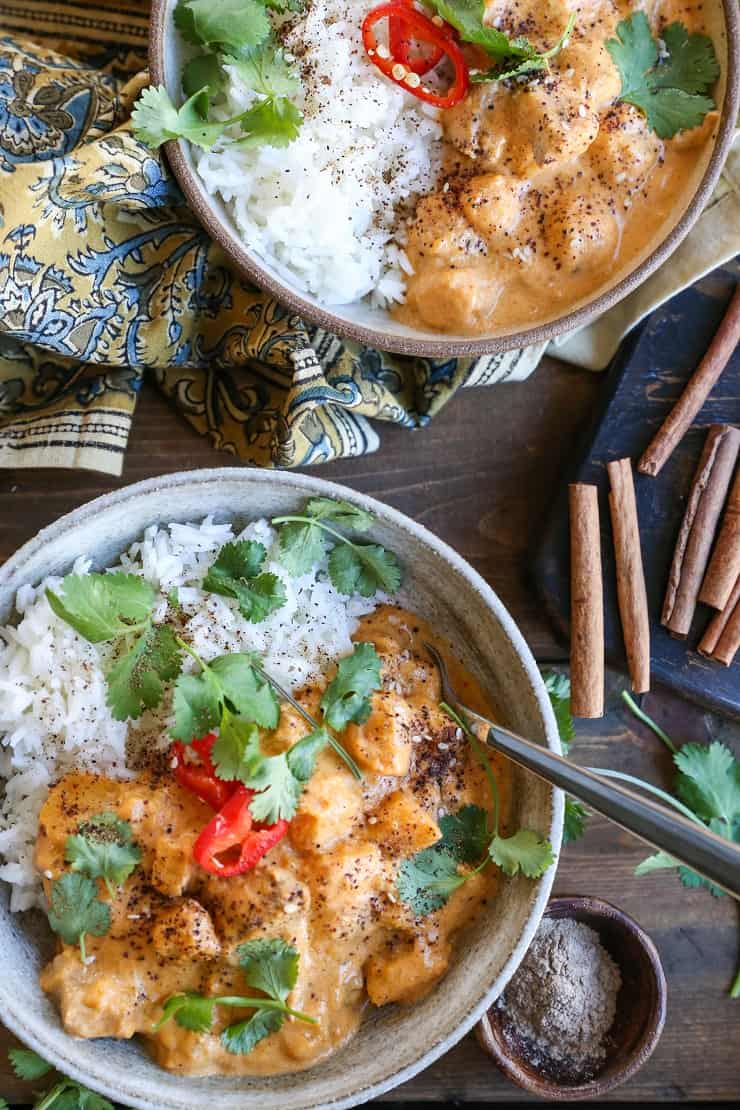 Chicken Massaman Curry - flavorful Thai-spiced coconut milk sauce envelopes chicken and butternut squash in this amazing healthy dish.