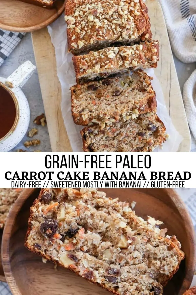 Grain-Free Paleo Carrot Cake Banana Bread is a perfect marriage of classic banana bread and carrot cake! Dairy-free, refined sugar-free, and nourishing! Sweetened mostly with banana!