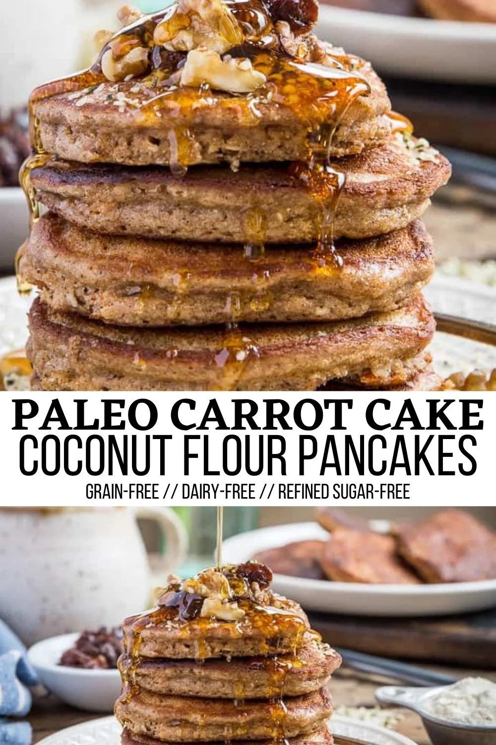 Paleo Carrot Cake Pancakes - grain-free, refined sugar-free, dairy-free, gluten-free pancakes made with coconut flour for a healthy breakfast.