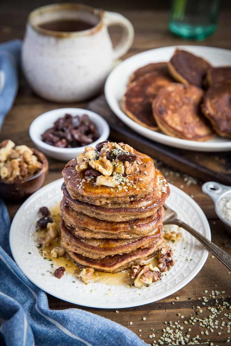 Paleo Carrot Cake Pancakes made with coconut flour. Grain-Free, Refined Sugar-Free, Dairy-free, and healthy!