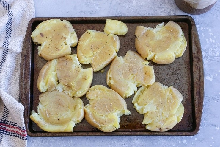 Smashed potatoes process shot