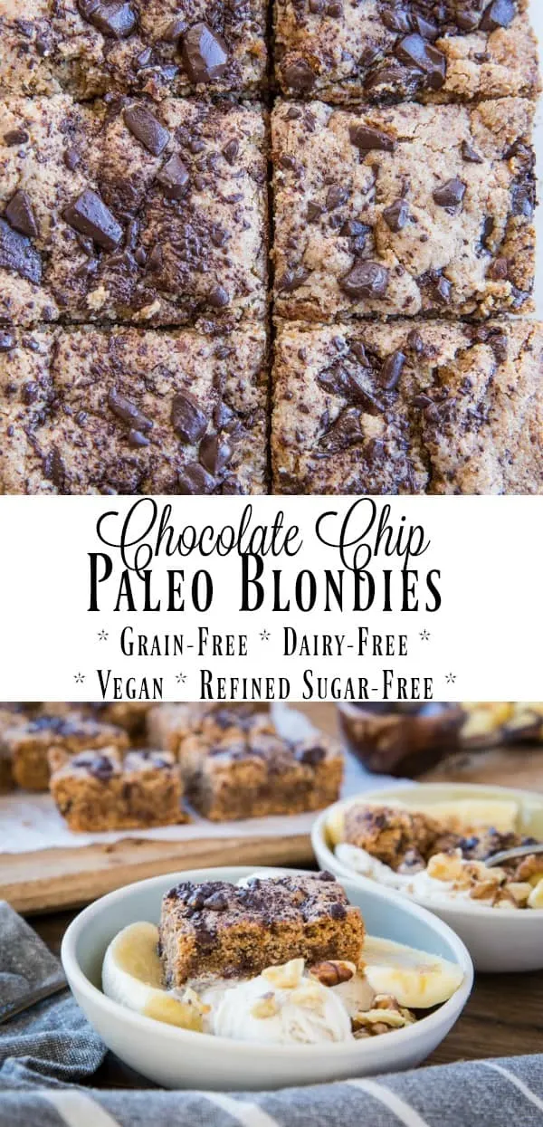Chocolate Chip Paleo Blondies - grain-free, refined sugar-free, dairy-free, vegan and healthy! Made with almond butter, almond flour, and coconut sugar