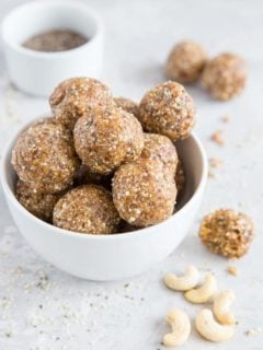Fig and Date balls made with raw cashews, chia seeds, and hemp seeds. A healthy vegan and paleo snack