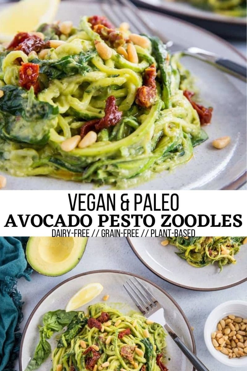 Avocado Pesto Zoodles with sun-dried tomatoes and spinach - a quick and easy vegan plant-based meal