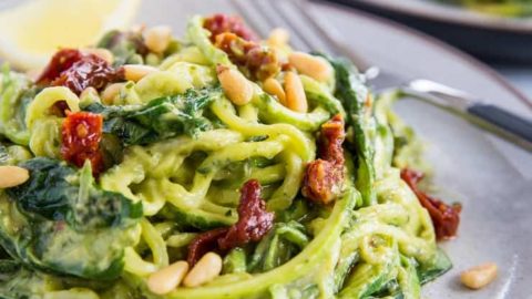 zucchini pasta salad with avocado spinach dressing
