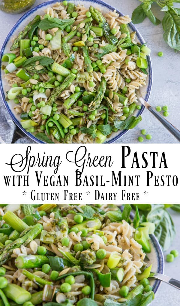 Spring Vegetable Pasta with Vegan Basil-Mint Pesto Sauce - light and healthy pasta with asparagus, peas, leeks, and pumpkin seeds