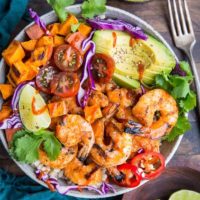 BBQ Shirmp and Sweet Potato Bowls with avocado are a healthful and delicious meal for grilling season