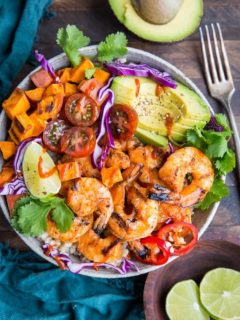 BBQ Shirmp and Sweet Potato Bowls with avocado are a healthful and delicious meal for grilling season