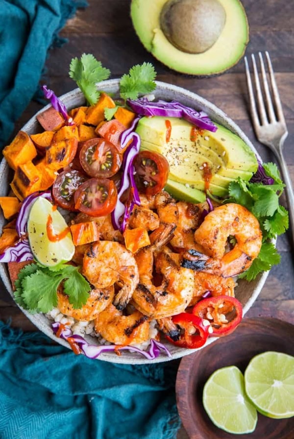 BBQ Shirmp and Sweet Potato Bowls with avocado are a healthful and delicious meal for grilling season