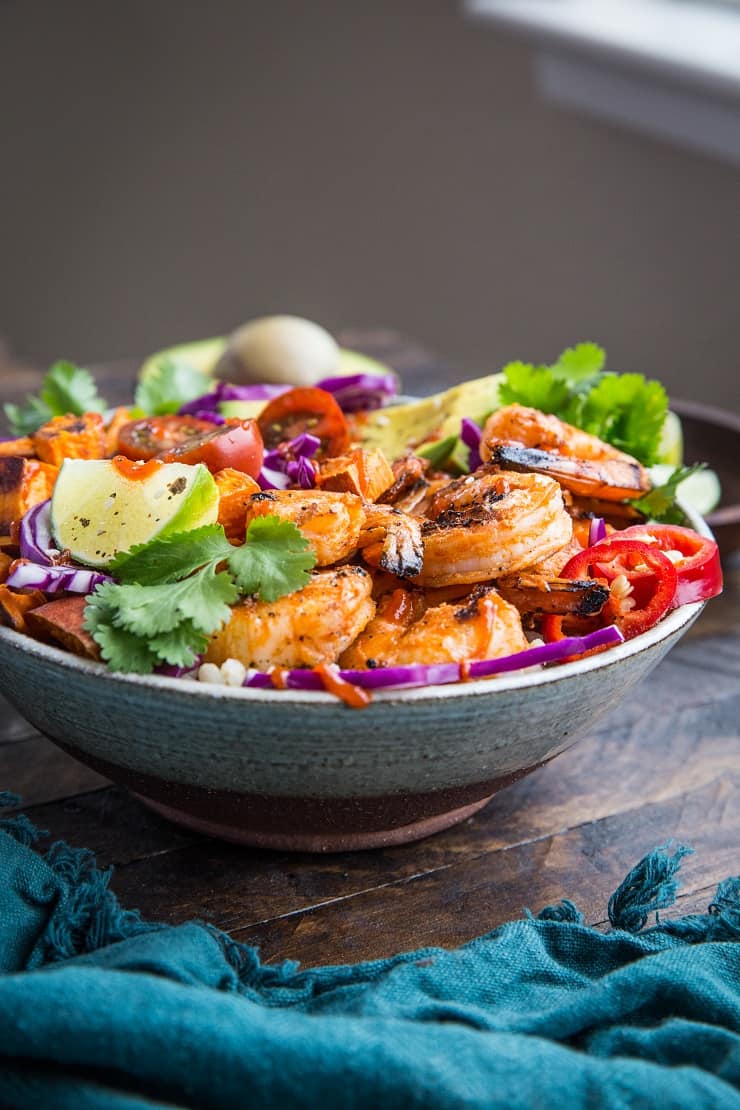 BBQ Shirmp and Sweet Potato Bowls with avocado are a healthful and delicious meal for grilling season