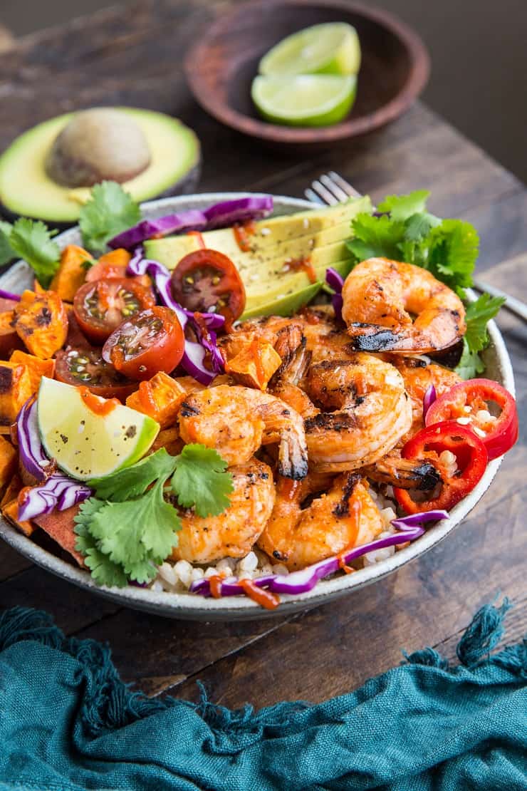 BBQ Shirmp and Sweet Potato Bowls with avocado are a healthful and delicious meal for grilling season