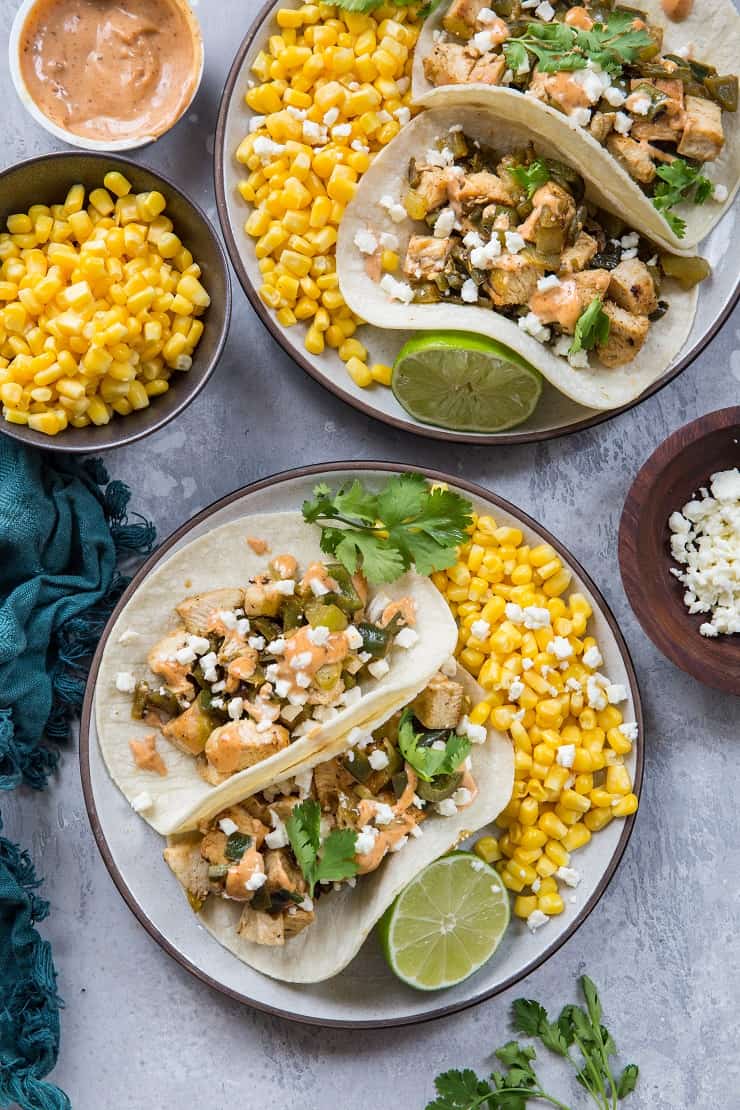 Green Chili Chicken Tacos with Mexican Street Corn - a flavorful festive healthy fresh gluten-free meal