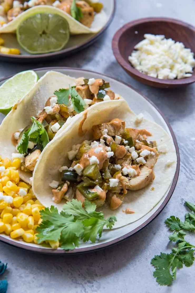 Green Chili Chicken Tacos with Mexican Street Corn - a flavorful festive healthy gluten-free fresh and vibrant dinner