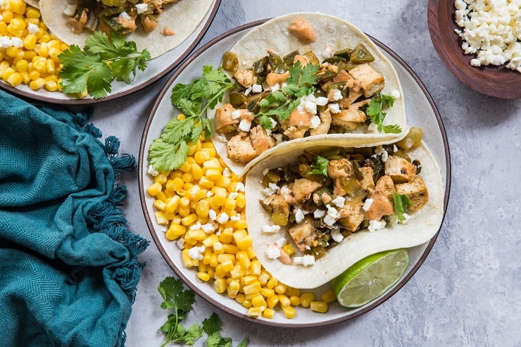 Green Chili Chicken Tacos with Mexican Street Corn - a flavorful festive gluten-free meal