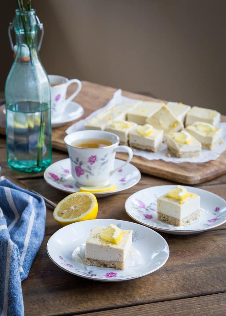 No-Bake Paleo Lemon Bars made with cashews, pure maple syrup, and a walnut crust. Vegan, grain-free, refined sugar-free