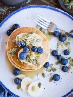 Paleo Lemon Poppy Seed Pancakes are a healthy breakfast made with almond flour and almond milk in your blender! Grain-free and dairy-free