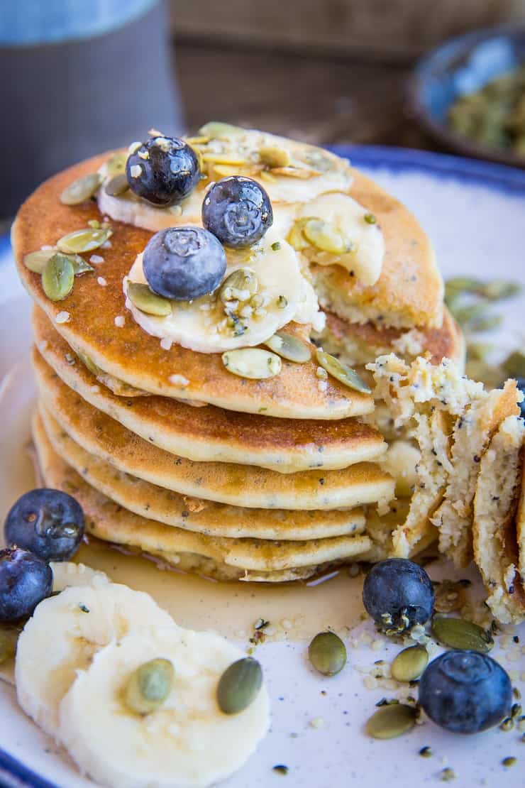 Paleo Lemon Poppy Seed Pancakes made with almond flour and almond milk. This zesty stack is healthy and delicious!