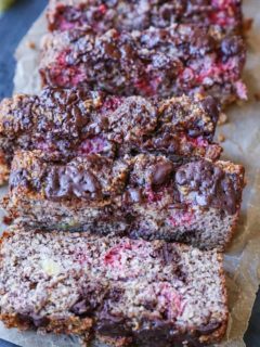 Paleo Raspberry Chocolate Chunk Banana Bread - moist, delicious, gluten-free, grain-free, dairy-free, and refined sugar-free