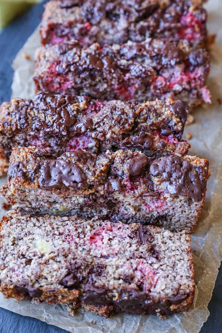 Paleo Raspberry Chocolate Chunk Banana Bread - moist, delicious, gluten-free, grain-free, dairy-free, and refined sugar-free