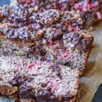 Grain-Free Paleo Raspberry Chocolate Chip Banana Bread made with almond flour and pure maple syrup for a grain-free healthy treat