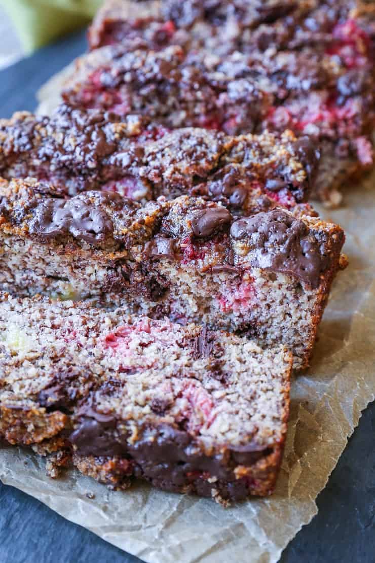Grain-Free Paleo Raspberry Chocolate Chip Banana Bread made with almond flour and pure maple syrup for a grain-free healthy treat