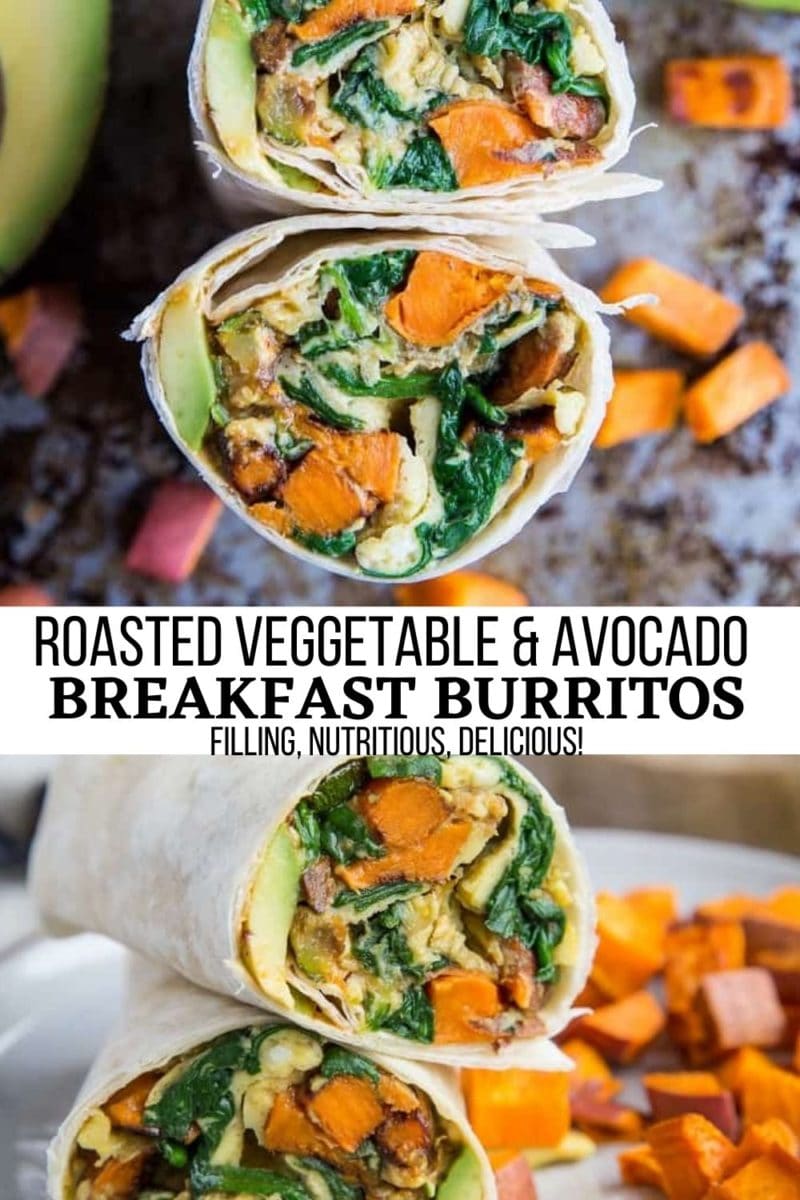 Roasted Vegetable Breakfast Burritos with sweet potato, zucchini, carrot, and avocado. A delicious, filling, and nutritious breakfast burrito recipe!