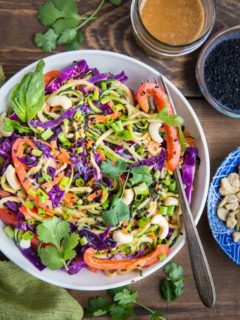 Bowl of zucchini noodles with fresh veggies and sauce.