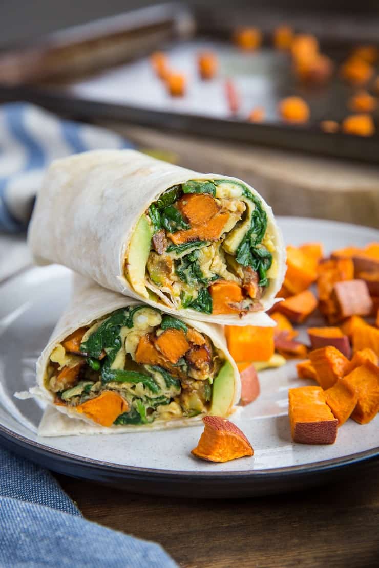 Roasted Veggie and Avocado Breakfast Burritos with sweet potato and zucchini - these healthy breakfast burritos are packed with nutrients.