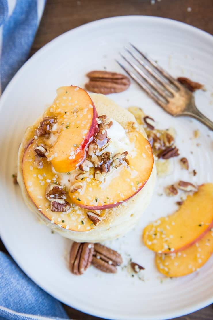 "Buttermilk" Paleo Pancakes made with homemade non-dairy buttermilk - these grain-free, dairy-free soft and fluffy pancakes are easy to make with your pantry staples.
