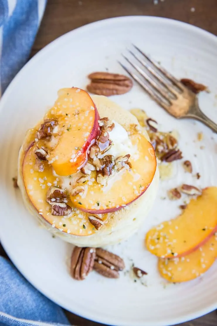 "Buttermilk" Paleo Pancakes made with homemade non-dairy buttermilk - these grain-free, dairy-free soft and fluffy pancakes are easy to make with your pantry staples.