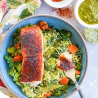 Crispy Salmon Bowls with Pesto Spaghetti Squash and Roasted Vegetables - these nutritious bowls are keto, paleo, low-carb, and whole30 | TheRoastedRoot.com @TheRoastedRoot #glutenfree