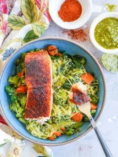 Crispy Salmon Bowls with Pesto Spaghetti Squash and Roasted Vegetables - these nutritious bowls are keto, paleo, low-carb, and whole30 | TheRoastedRoot.com @TheRoastedRoot #glutenfree