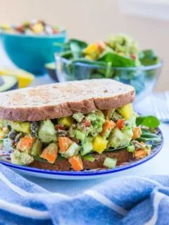 Mayo-Free Mango Avocado Chicken Salad - a healthier chicken salad recipe with carrots, cucumber, green onion, bell pepper, raisins, and pecans. Serve it up on toasted bread as a sandwich or on a green salad!
