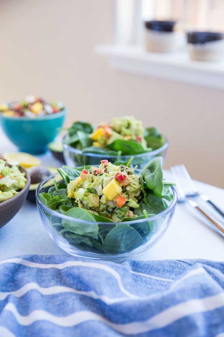 Mayo-Free Mango Avocado Chicken Salad - a healthier chicken salad recipe with carrots, cucumber, green onion, bell pepper, raisins, and pecans. Serve it up on toasted bread as a sandwich or on a green salad!