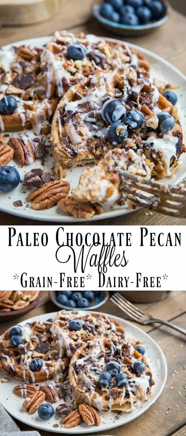 Paleo Chocolate Pecan Waffles with almond butter and coconut butter | TheRoastedRoot.com #paleo #healthy #breakfast