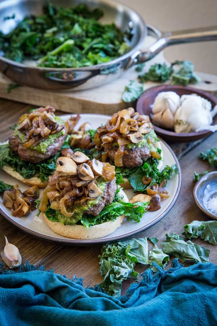 Pesto Burgers with Caramelized Onions and Mushrooms - a delicious, unique hamburger for BBQ season