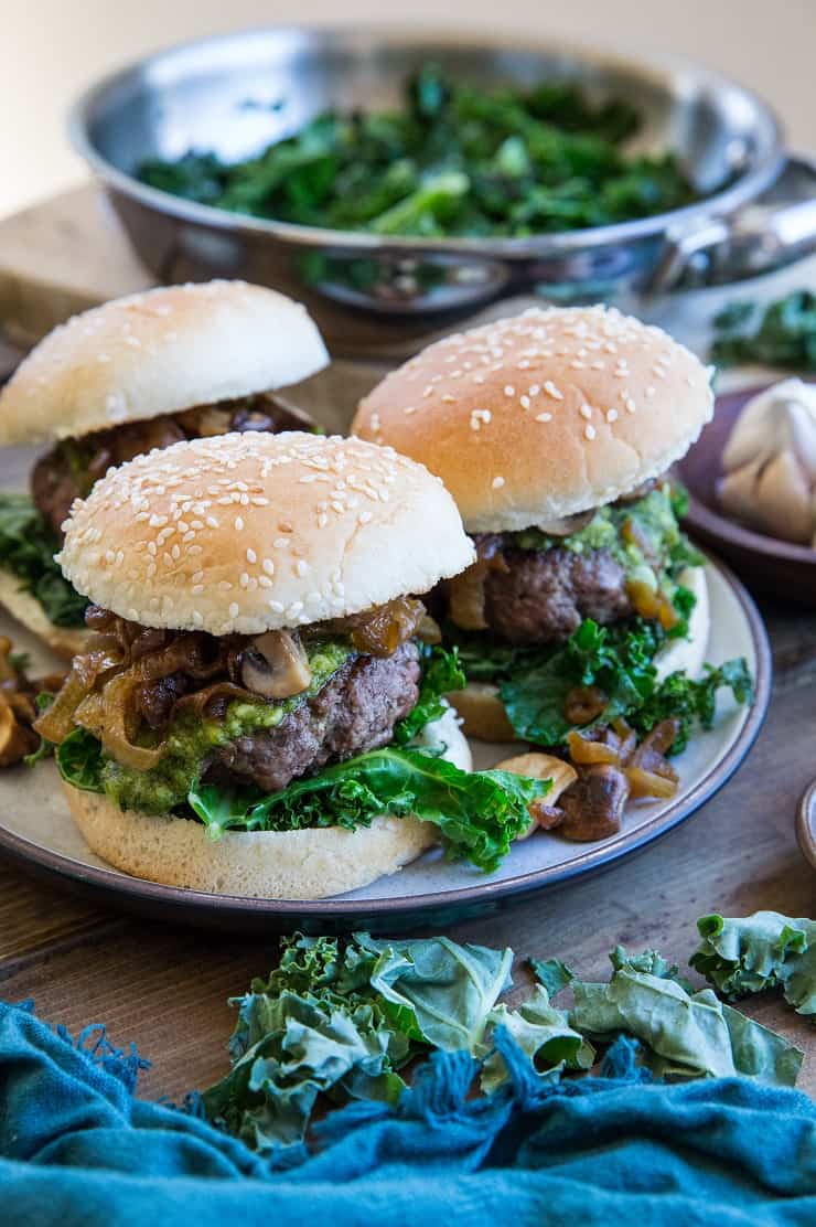 Pesto Burgers with Caramelized Onions and Mushrooms - a delicious, unique hamburger for BBQ season