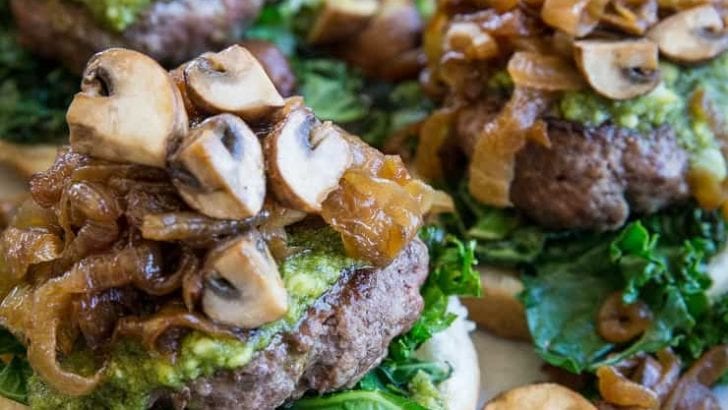 Pesto Burgers with Caramelized Onions and Mushrooms - a delicious, unique hamburger for BBQ season