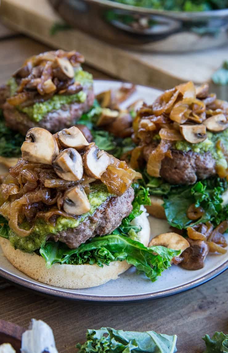 Pesto Burgers with Caramelized Onions and Mushrooms - a delicious, unique hamburger for BBQ season