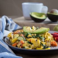 Roasted Vegetable Scramble - an easy, nutritious take on breakfast. Serve it up with avocado and fresh fruit for a well-balanced, delicious breakfast.