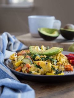 Roasted Vegetable Scramble - an easy, nutritious take on breakfast. Serve it up with avocado and fresh fruit for a well-balanced, delicious breakfast.