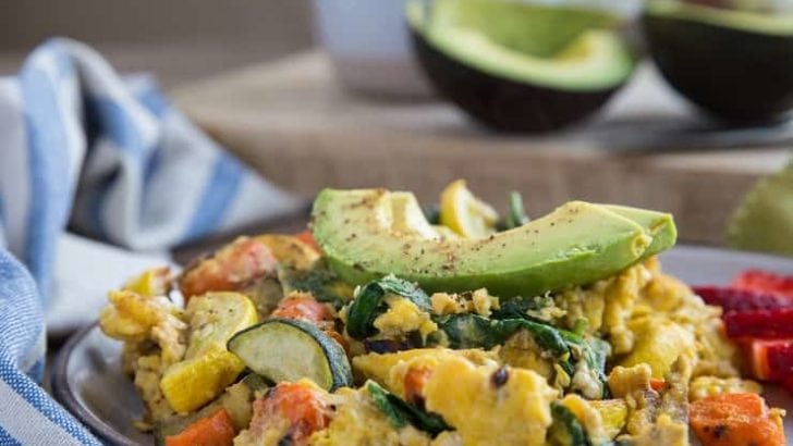 Roasted Vegetable Scramble - an easy, nutritious take on breakfast. Serve it up with avocado and fresh fruit for a well-balanced, delicious breakfast.