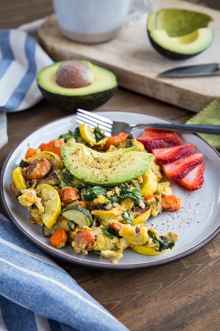 Roasted Vegetable Scramble - an easy, nutritious take on breakfast. Serve it up with avocado and fresh fruit for a well-balanced, delicious breakfast.