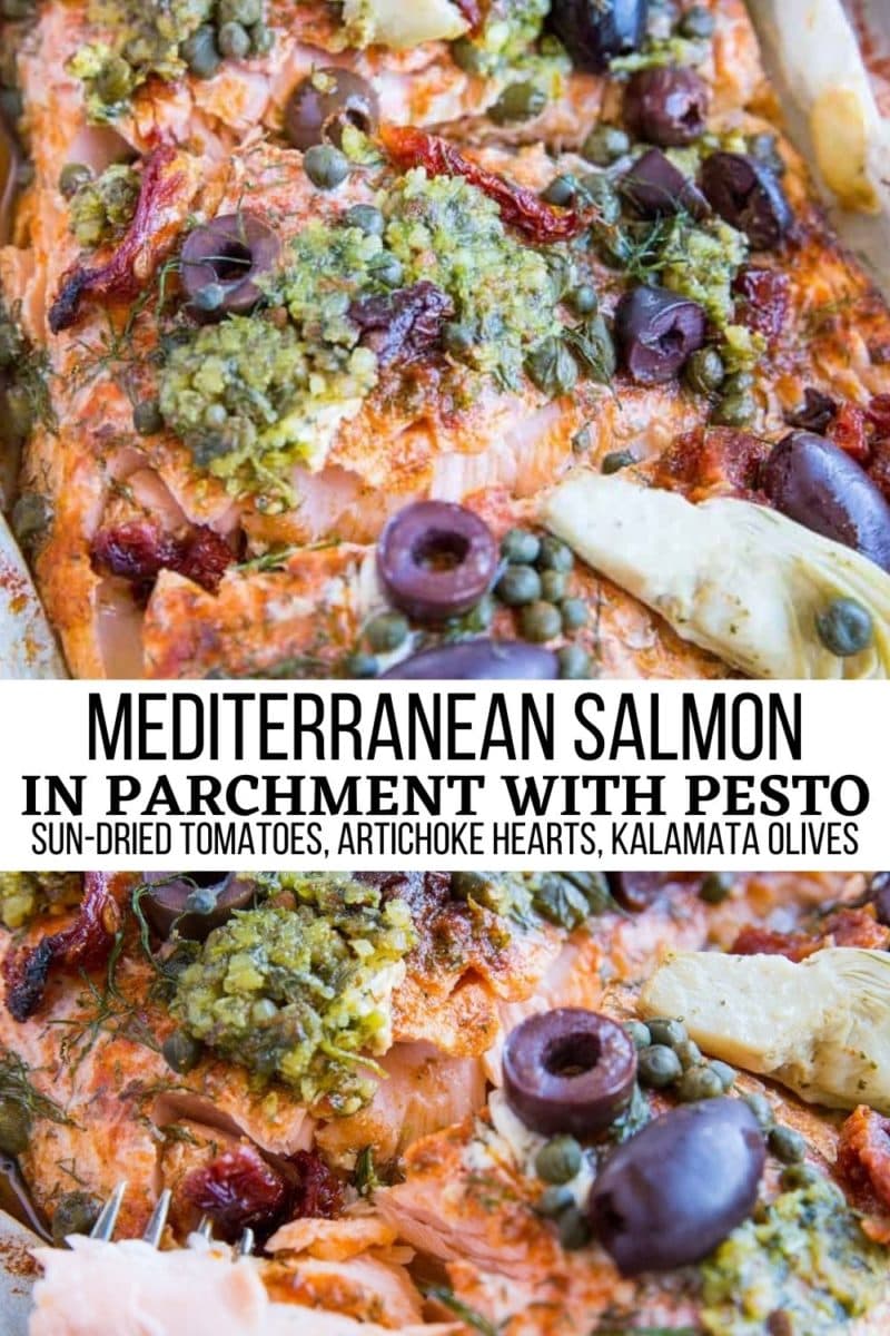 Mediterranean-inspired salmon in parchment paper with sun-dried tomatoes, dill, capers, artichoke hearts, kalamata olives, and pesto sauce is a mouth-watering experience for a lovely evening in.