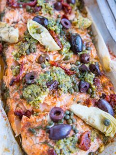 Mediterranean salmon fresh out of the oven, ready to be served.