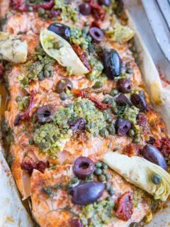 Mediterranean salmon fresh out of the oven, ready to be served.