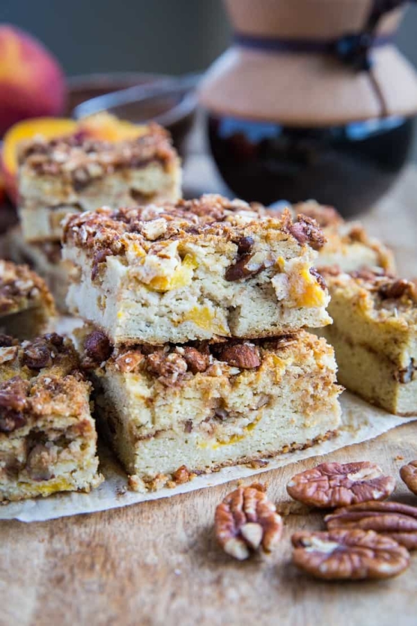 Paleo Peach Coffee Cake - grain-free, dairy-free, refined sugar-free and healthy! This easy recipe is prepared in a blender. | TheRoastedRoot.com