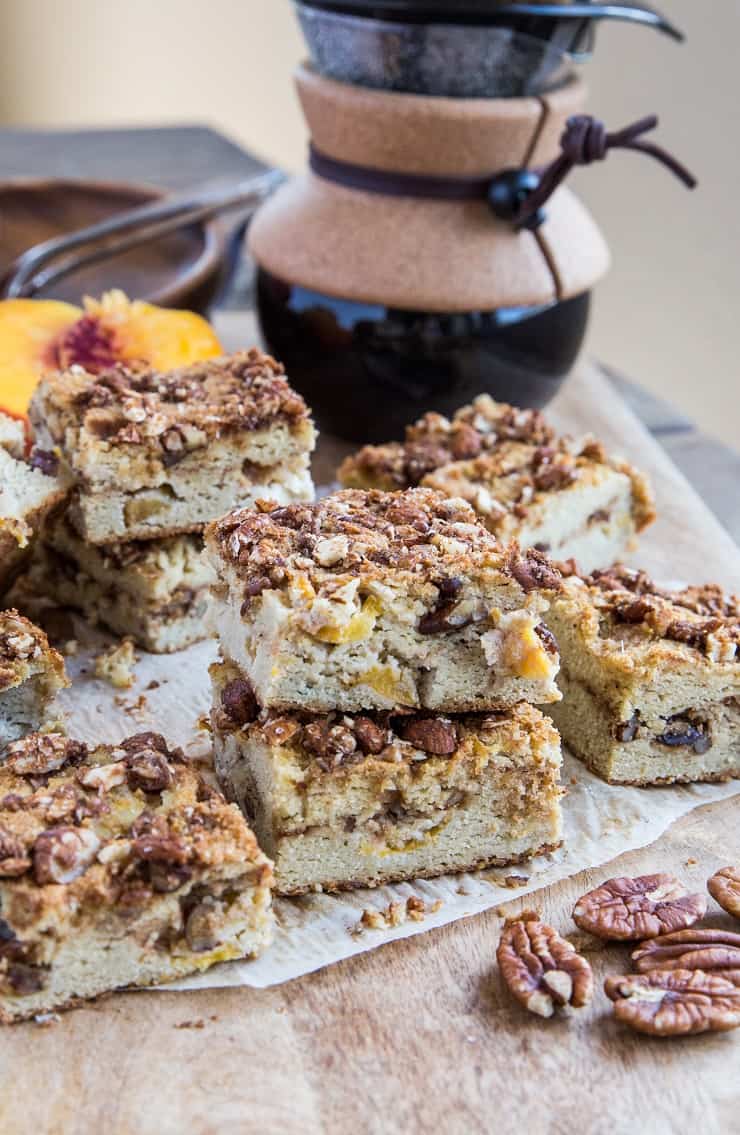 Paleo Peach Coffee Cake - grain-free, dairy-free, refined sugar-free and healthy! This easy recipe is prepared in a blender. | TheRoastedRoot.com